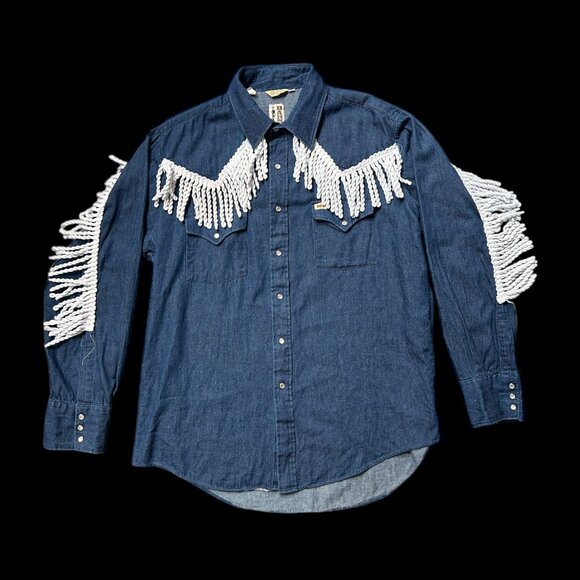 70s vintage fringe denim shirt pointed collar Bar B Western Wear snap button. - Picture 4 of 11